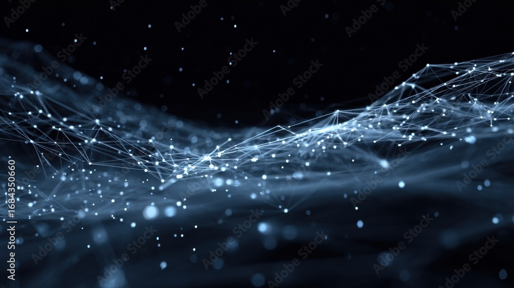 Poster abstract representation of a digital landscape with interconnected lines and glowing particles creat