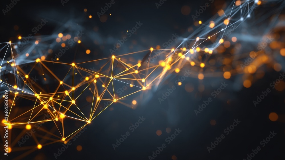 Poster abstract geometric background featuring vibrant orange and white digital lines, nodes and glowing pa