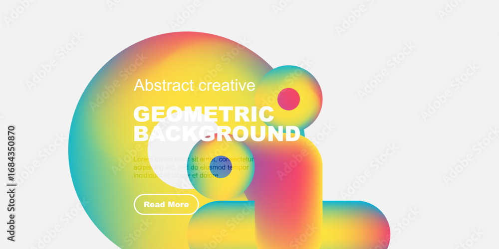 Poster vibrant abstract shapes overlap white space. text promotes geometric background design, includes rea