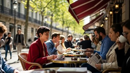 People enjoying a sunny day at an outdoor cafe in a European city.