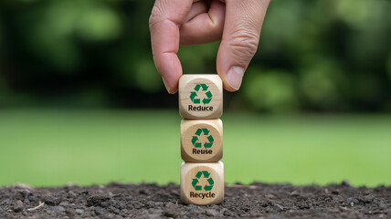 Hand stacking Reduce, Reuse, Recycle cubes promoting environmental awareness