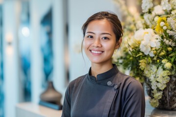 Smiling Asian woman in gray uniform, standing near floral display with soft, blurred background. Concept for spa services, hospitality and wellness center promotion