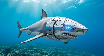 Naklejka premium Advanced cybernetic shark with a glowing blue eye swimming through sunlit blue ocean waters above a coral reef