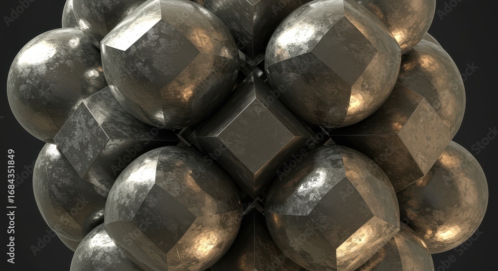 Poster a complex arrangement of metallic spheres and cubes, showcasing a textured surface with highlights a