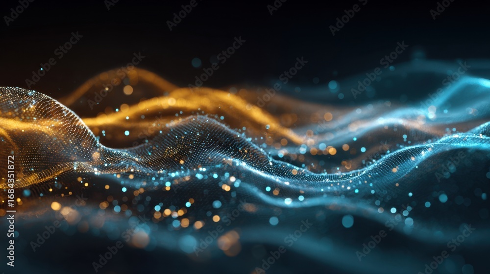 Poster abstract digital waves of golden and blue particles flowing in a mesmerizing pattern, representing t