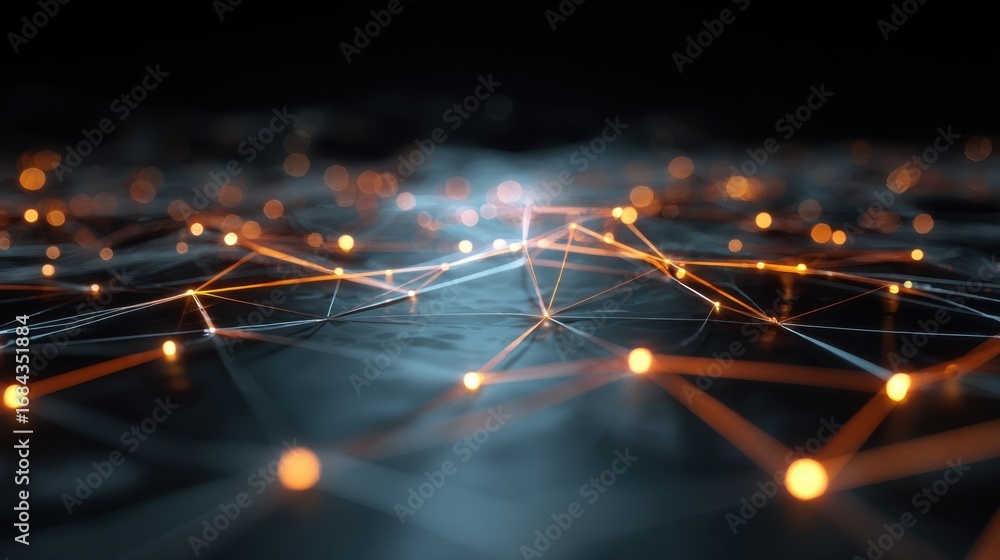 Poster abstract digital landscape with glowing connections and illuminated nodes representing technology, d