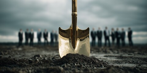 Golden shovel in soil for groundbreaking ceremony, with blurry group of business people in the background under overcast sky, concept for business development, new project launch and corporate