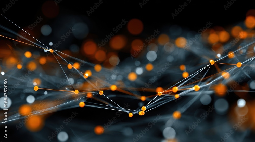 Poster abstract digital network illustration with glowing dots and interconnected lines representing techno