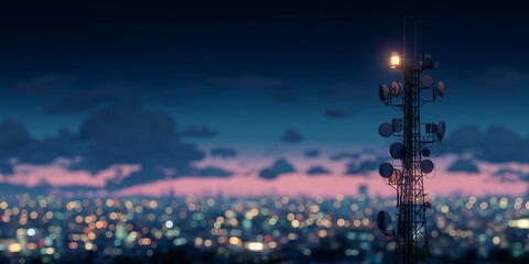Telecommunication tower with cityscape bokeh at dusk and purple hue sky background, concept for cellular network infrastructure, digital communication and broadcasting services