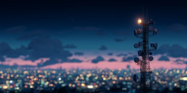 Telecommunication tower with cityscape bokeh at dusk and purple hue sky background, concept for cellular network infrastructure, digital communication and broadcasting services