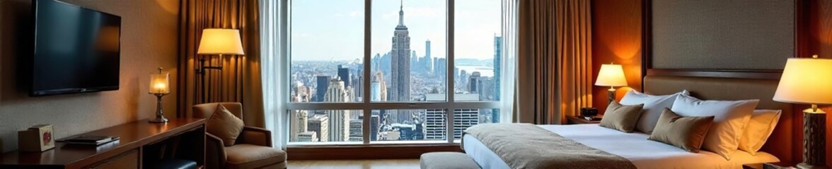 Luxurious hotel suite with breathtaking city view from a large window, plush furnishings, and elegant decor  Enjoy the ultimate in comfort and sophistication ,  chandelier,  luxury
