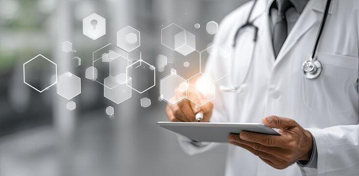 Doctor using a tablet with digital medical interface - Powered by Adobe