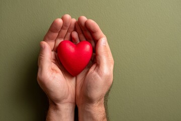 Obraz premium A small, vibrant red heart rests gently within cupped hands against a muted olive-green background.