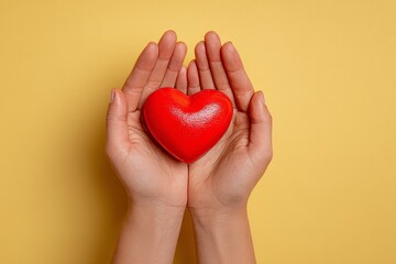 Fototapeta premium A red heart held gently in the cupped hands against a bright yellow backdrop, conveying a feeling of care and love.