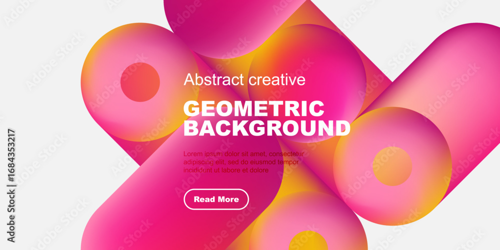 Poster vibrant abstract shapes overlap black background. text promotes geometric design, includes call to a