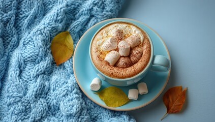 Cozy autumn scene hot cocoa with marshmallows, nestled on a knitted blanket with fall leaves