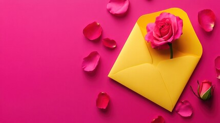 Yellow Envelope with Pink Rose, Pink Background, Romantic