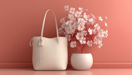 Off-white tote bag beside pale pink flowers in pot against coral wall
