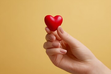 Fototapeta premium A delicate hand holds a small, vibrant red heart against a soft, warm yellow backdrop.