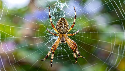 A large spider with intricate patterns rests serenely in its intricate web, showcasing a beautiful interplay of light and shadow.
