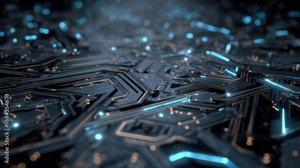 Poster abstract close-up of futuristic technology circuit board with glowing lines and intricate patterns f
