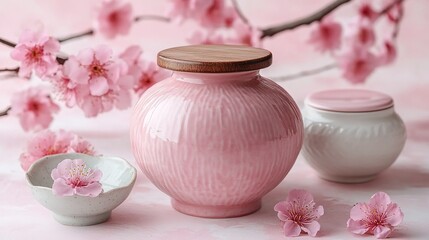 In pink background, there is a pink textured pottery jar with wooden lid, along with a white pottery jar and a small dish with pink flowers. Pink flowers are scattered around, and pink flower branches