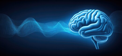 3D rendering of a human brain, overlaid with a dynamic network of light blue lines creating a wavy background