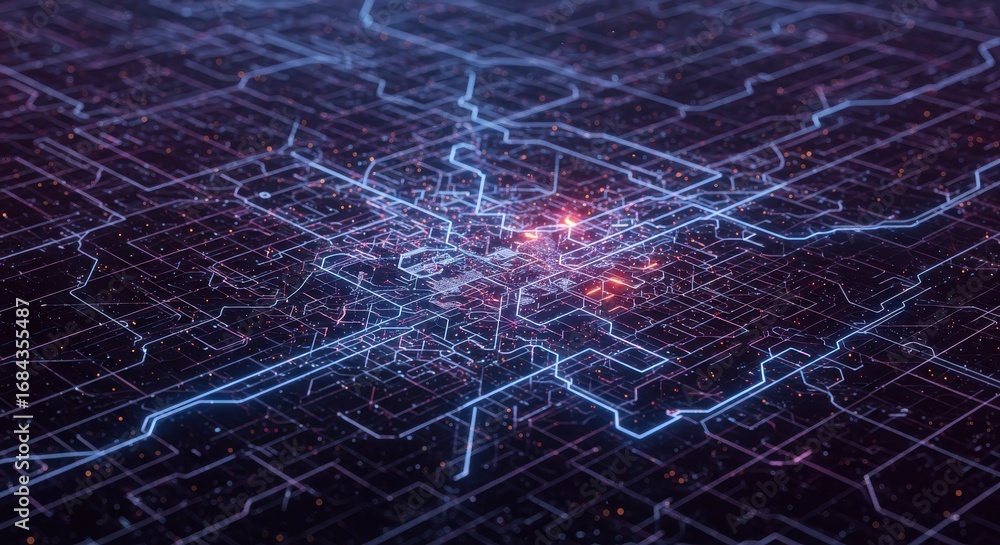 Poster a complex network of glowing circuitry pathways, showcasing an intricate design with vibrant light e