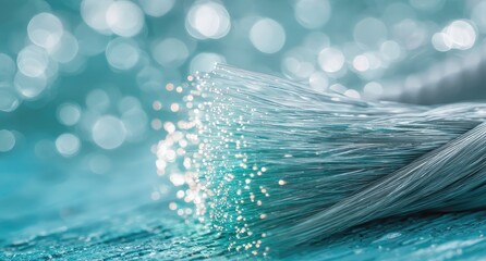 Close-up of bundled fiber optic cables against a teal background with bokeh