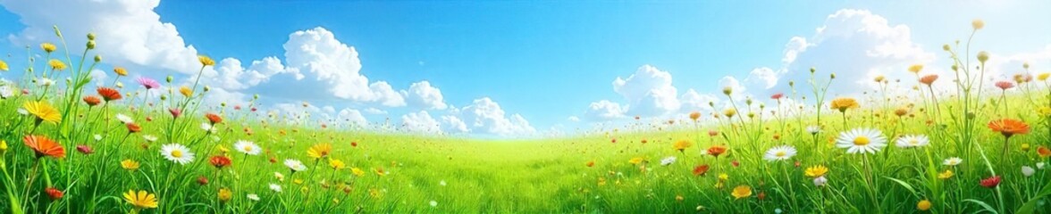 Vibrant Wildflower Meadow in Full Bloom Under a Blue Sky Perfect Spring Nature Photography for Calendars, Websites, and Publications