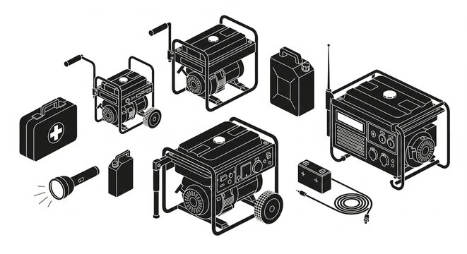 Emergency power and survival kit with portable generators, first aid, and communication devices, isolated transparent background