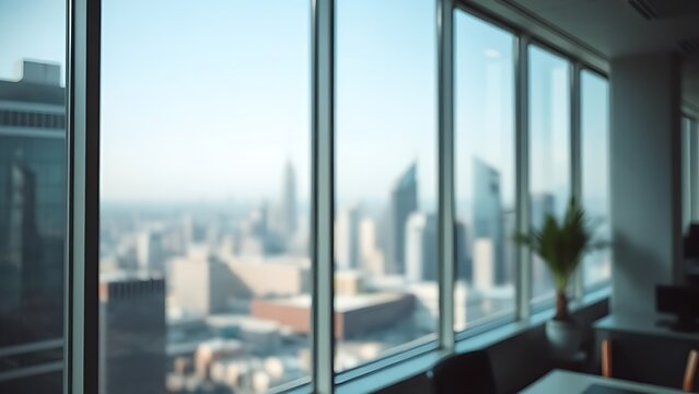Office window framing a softly blurred cityscape, filled with natural daylight and workplace ambiance.