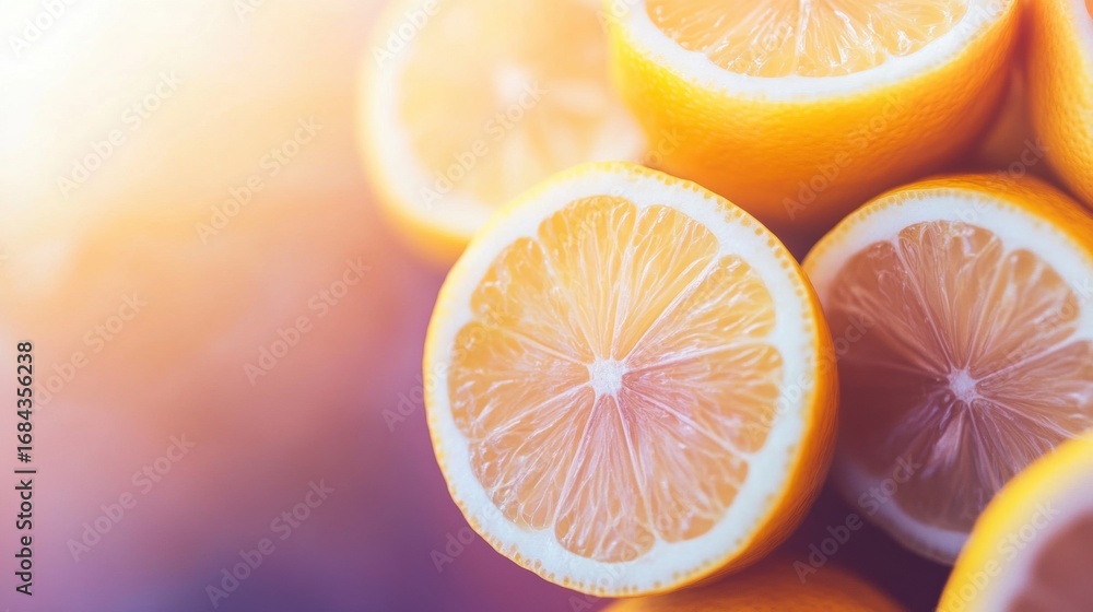 Poster freshly sliced lemons creating a vibrant and refreshing display in sunlight