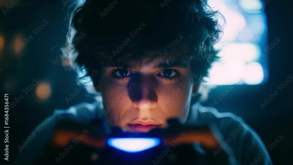 Poster medium shot of a young gamer holding a console controller face illuminated by screen glow background