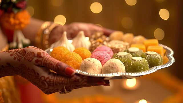 Vibrant Indian Diwali sweets (mithai) on platter, held by mehndi hands. Deepavali celebration, Hindu festival background with bokeh. Happy Diwali greeting.