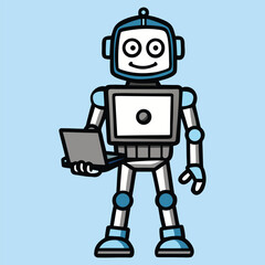 Cute Cartoon Robot Holding Laptop Vector Illustration