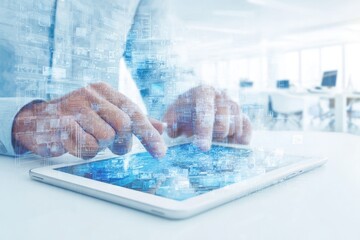 Person using tablet with overlaid city data