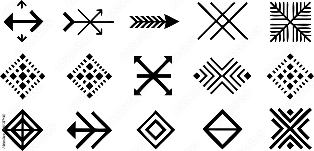 Poster vector collection of fifteen distinct black and white geometric patterns and arrow designs on a whit