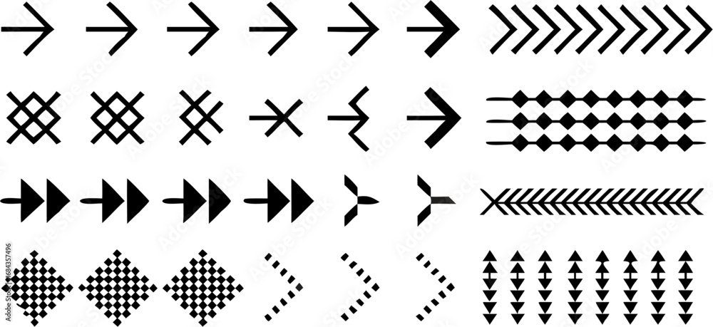 Poster vector collection of various arrow designs and geometric patterns in black and white illustration fo