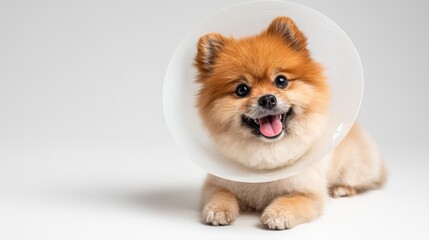Small Pomeranian dog wearing a cone of shame, happily lying on a white background during a calm indoor moment.