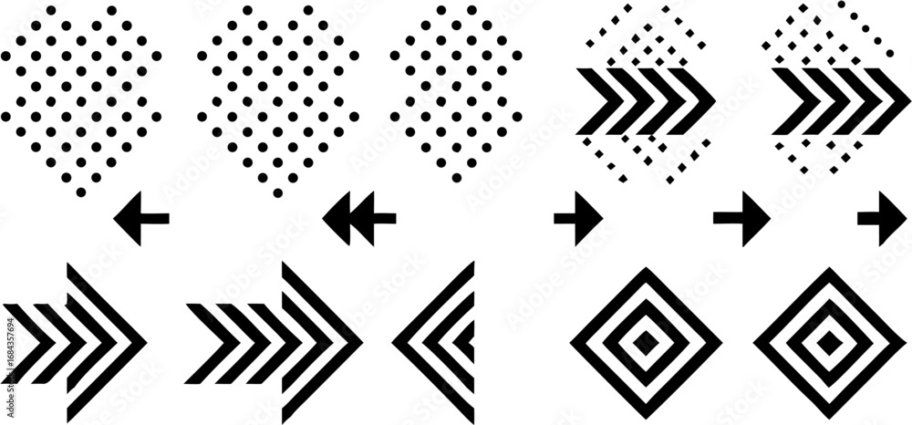 Poster vector black and white geometric pattern featuring arrows, circles, and square shapes arranged in se