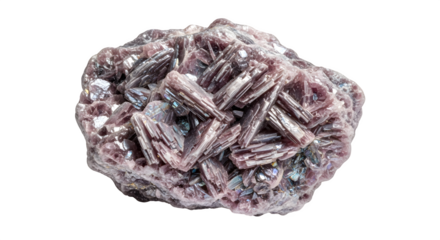 A rough lepidolite mineral specimen isolated on transparent background, showcasing its purple and pink hues, geological formation, and potential healing properties