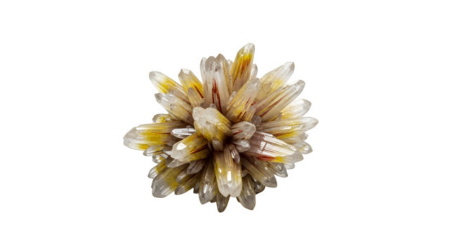 A cluster of yellow and white quartz crystals isolated on transparent background, showcasing its natural beauty, geological formation, and potential healing properties