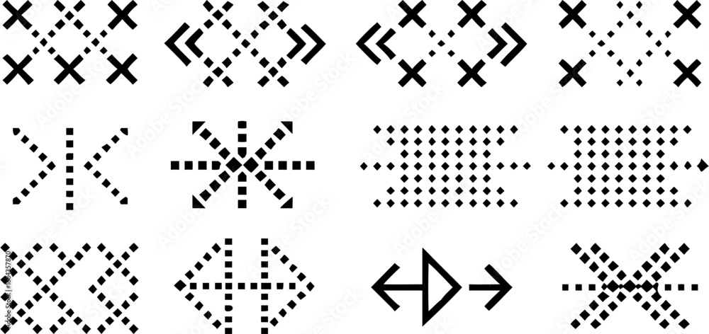 Poster vector a collection of twelve abstract geometric patterns featuring crosses arrows and dotted line a