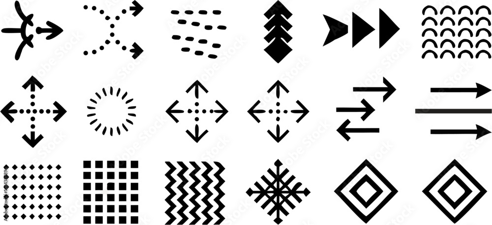 Poster vector collection of various abstract black and white directional arrows and geometric patterns icon