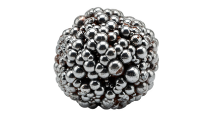 A cluster of small silver balls isolated on transparent background, creating a spherical shape with a metallic and textured appearance