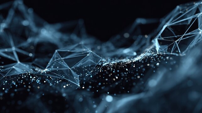 Futuristic abstract digital landscape with glowing particles and transparent geometric shapes in dark background creating a sense of depth and motion