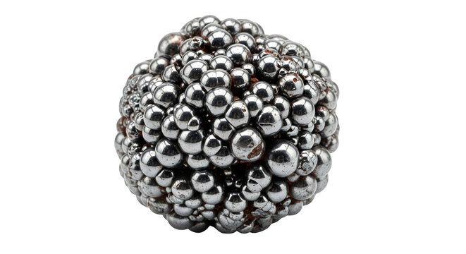 A cluster of small silver balls isolated on transparent background, creating a spherical shape with a metallic and textured appearance