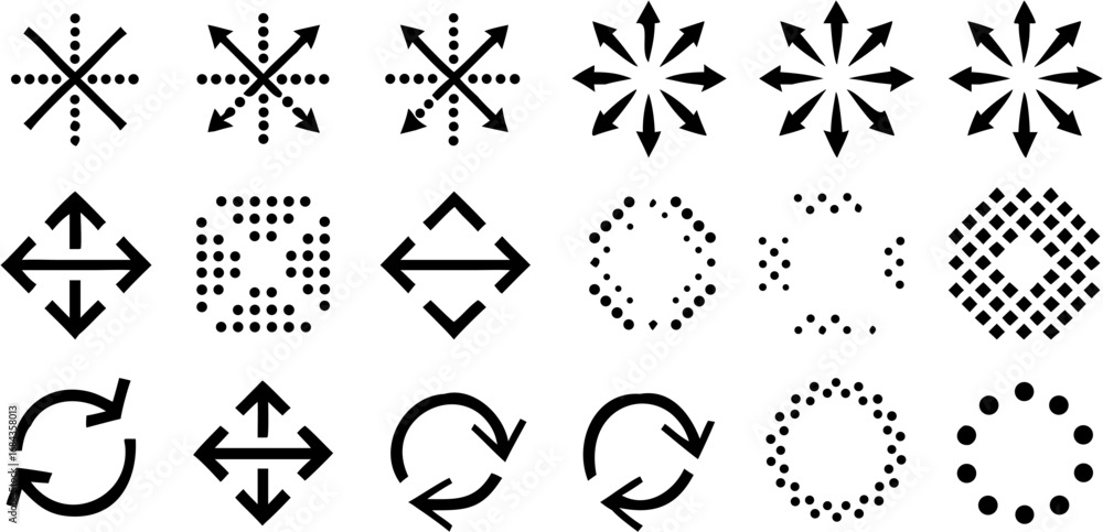 Poster vector a collection of various abstract black icons including arrows, circles, and rotation symbols 
