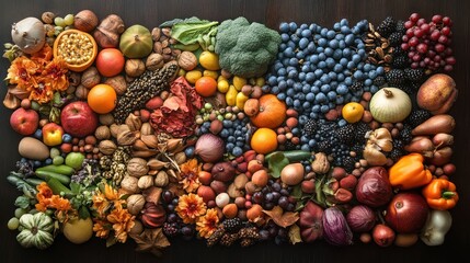 Autumn harvest bounty on dark wood; healthy food flatlay; recipe background